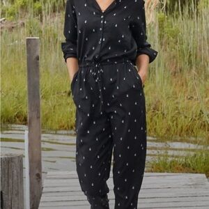 Garnet Hill Black Essential Jumpsuit, drawstring waist, cuffs, tencel
